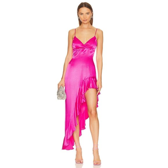 Bardot Dresses & Skirts - BARDOT Ember Pop Pink Crepe Satin Asymmetrical Flounce Ruffle Midi Dress, Size M